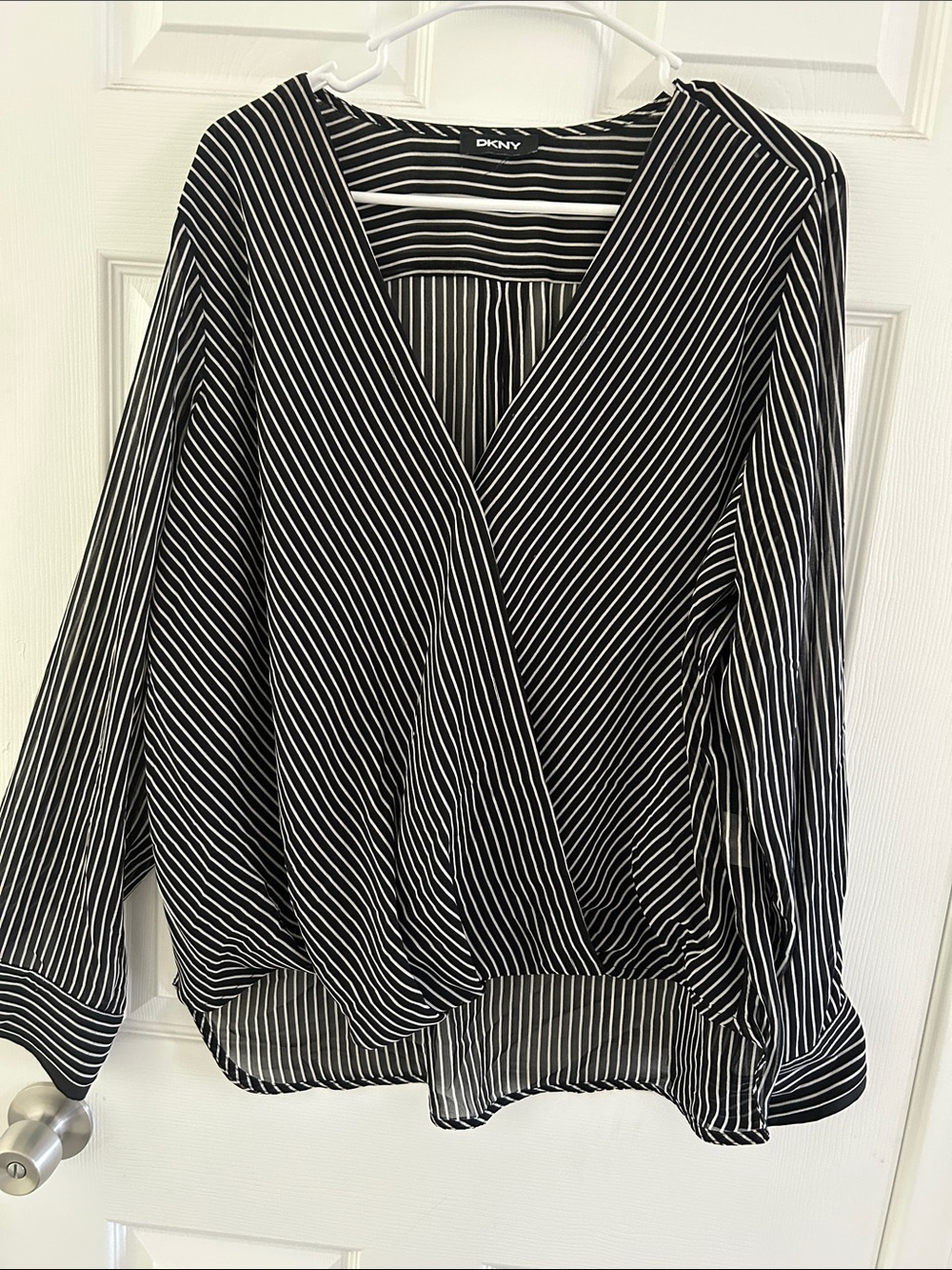 DKNY Black and White Striped Surplice Blouse XL